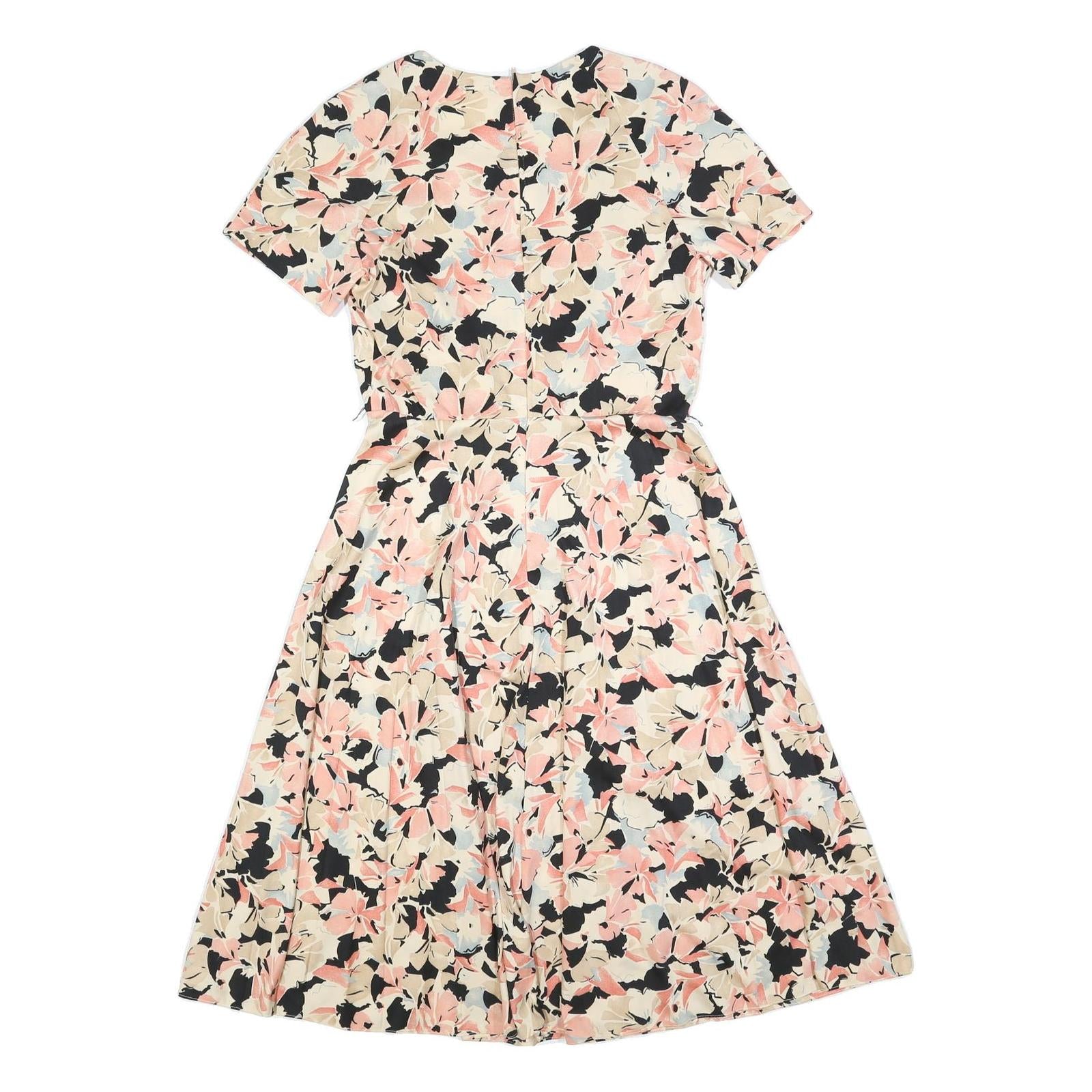 Womens Cream & Pink Floral Fit & Flare Cotton Blend Day Dress Short Sleeve S