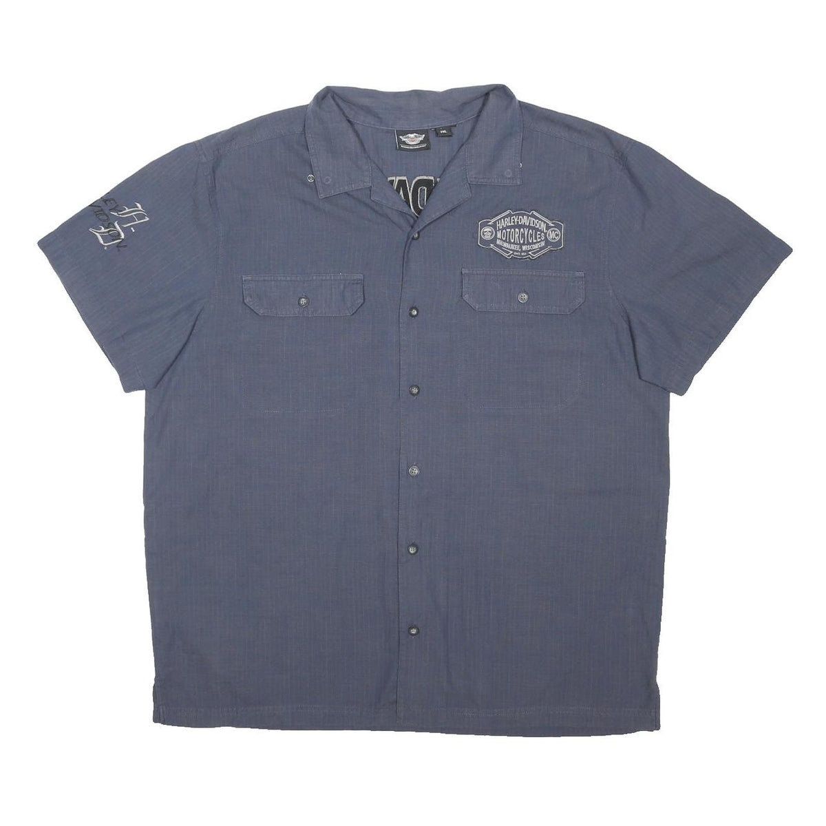 HARLEY DAVIDSON Mens Blue Cotton Blend Short Sleeve Shirt 2XL Motorcycle Graphic