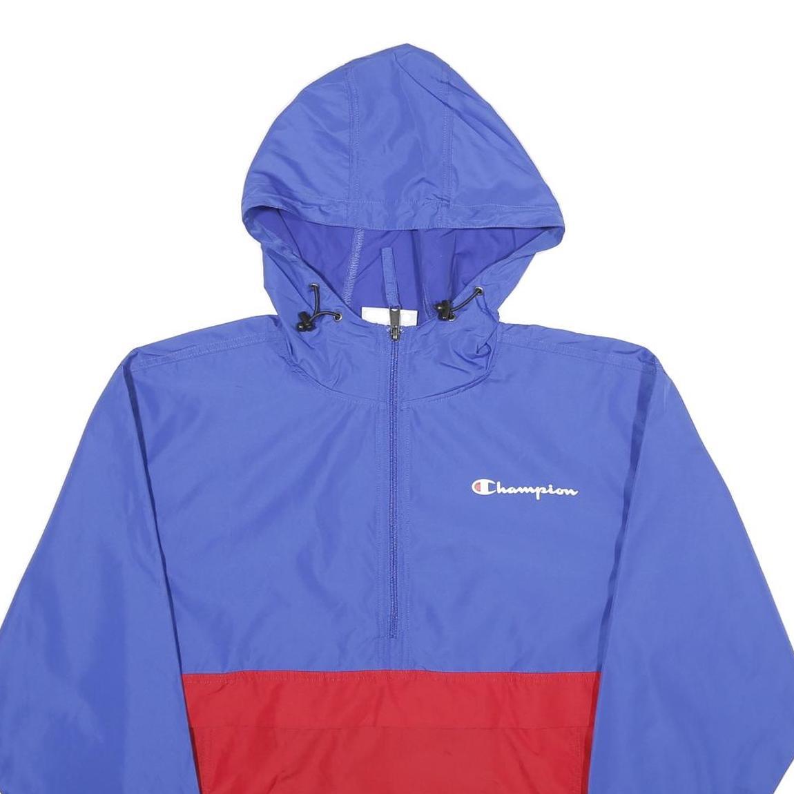CHAMPION Mens Blue & Red Hooded Windbreaker Jacket S Polyester Lightweight