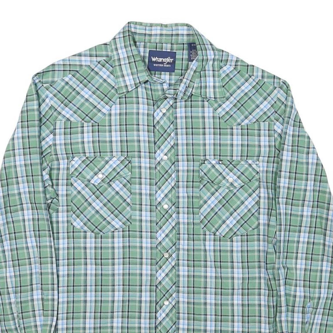 WRANGLER Mens Green & Blue Check Western Shirt M Button Pocket Casual