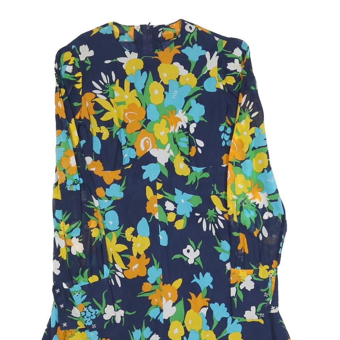 Womens Navy Blue Floral Shift Dress Long Sleeve S Bright Print Casual