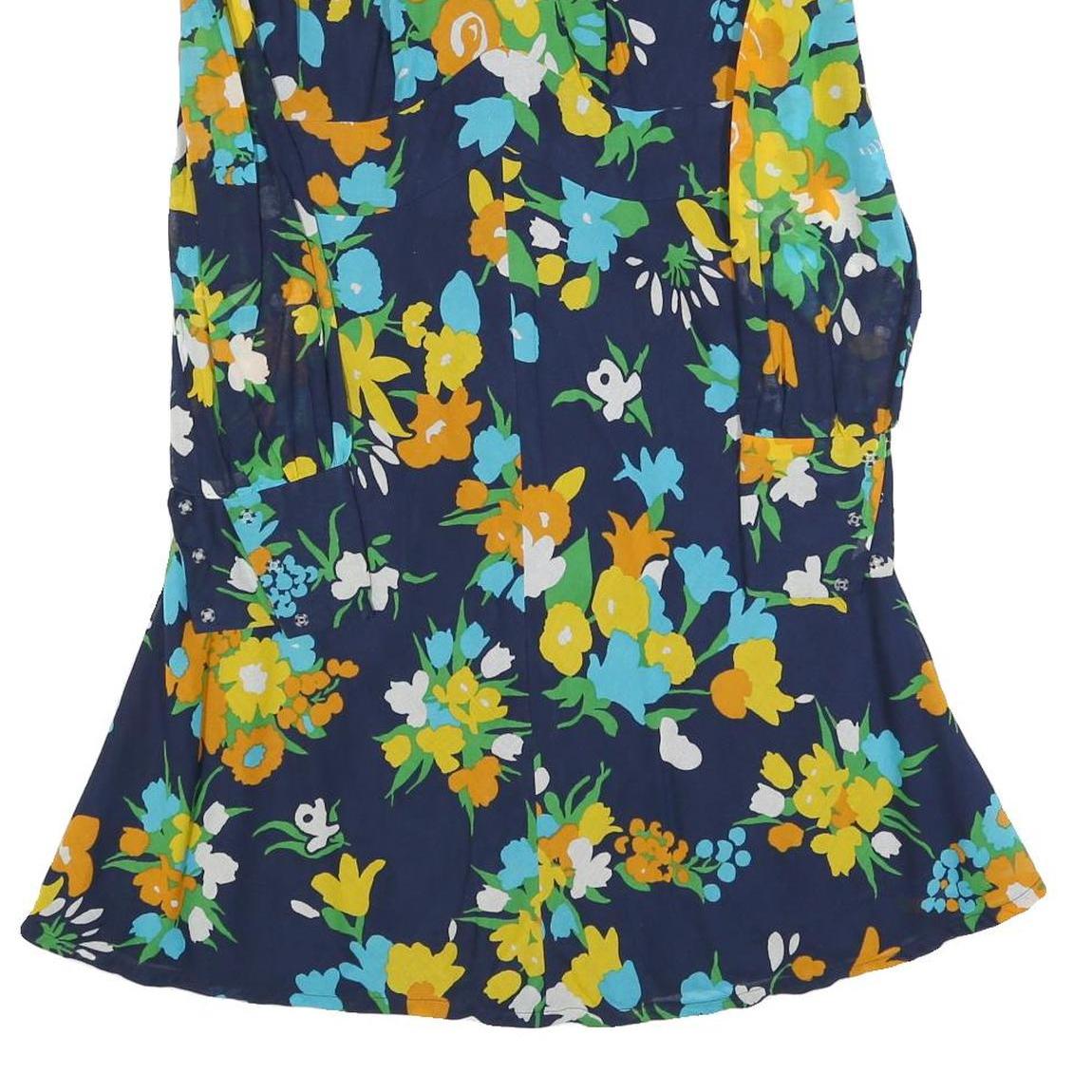 Womens Navy Blue Floral Shift Dress Long Sleeve S Bright Print Casual