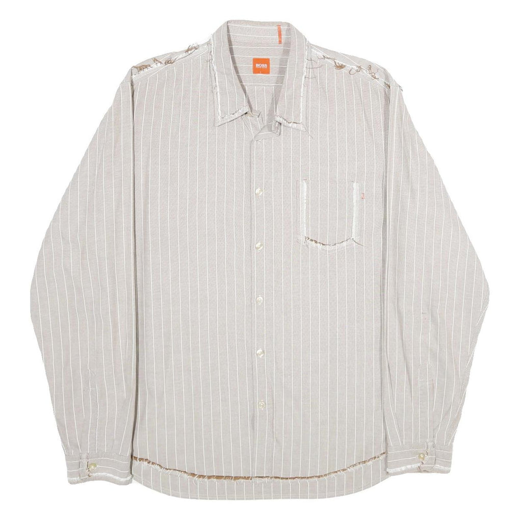 BOSS HUGO BOSS Mens Beige & White Striped Shirt XL Casual Cotton Button Shirt