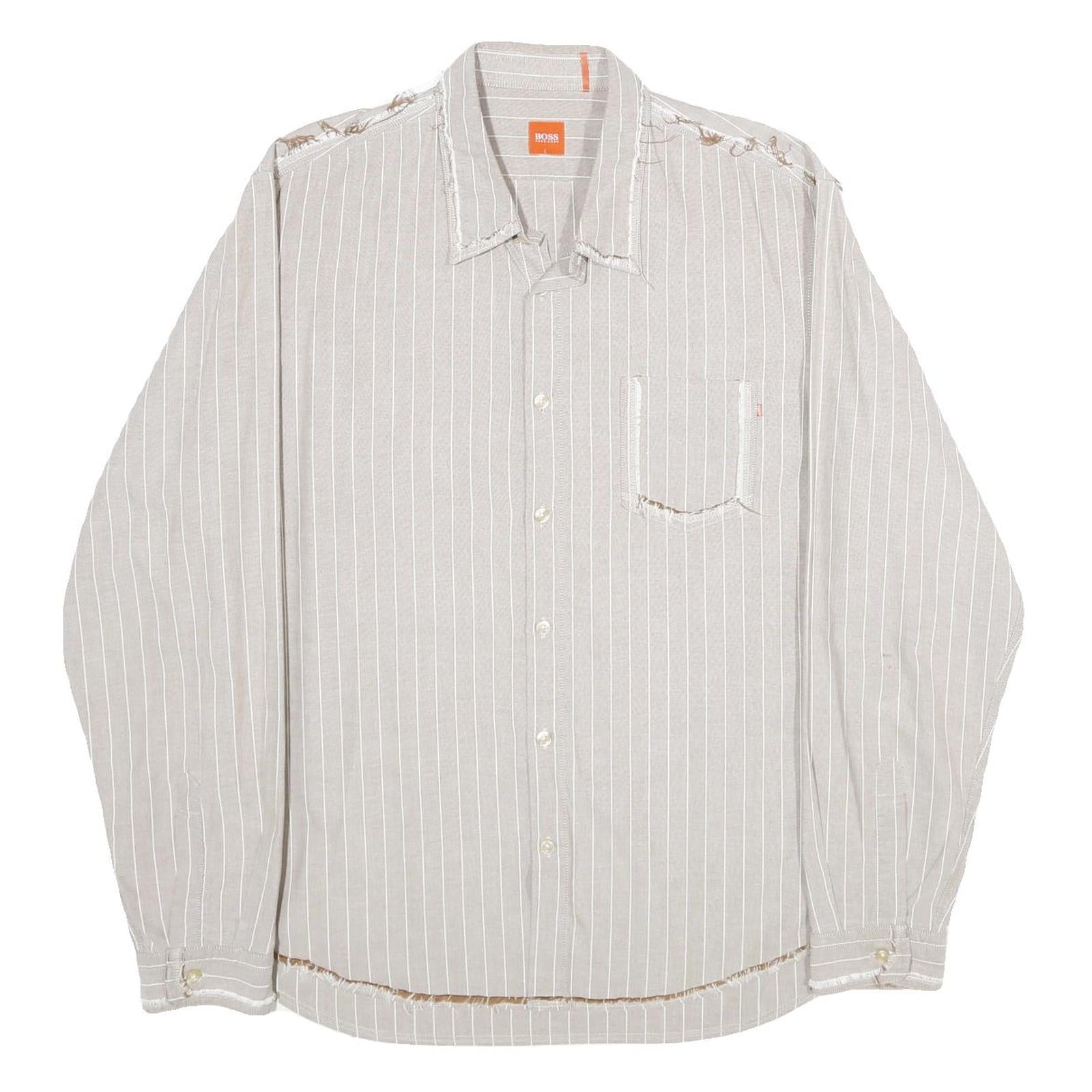 BOSS HUGO BOSS Mens Beige & White Striped Shirt XL Casual Cotton Button Shirt