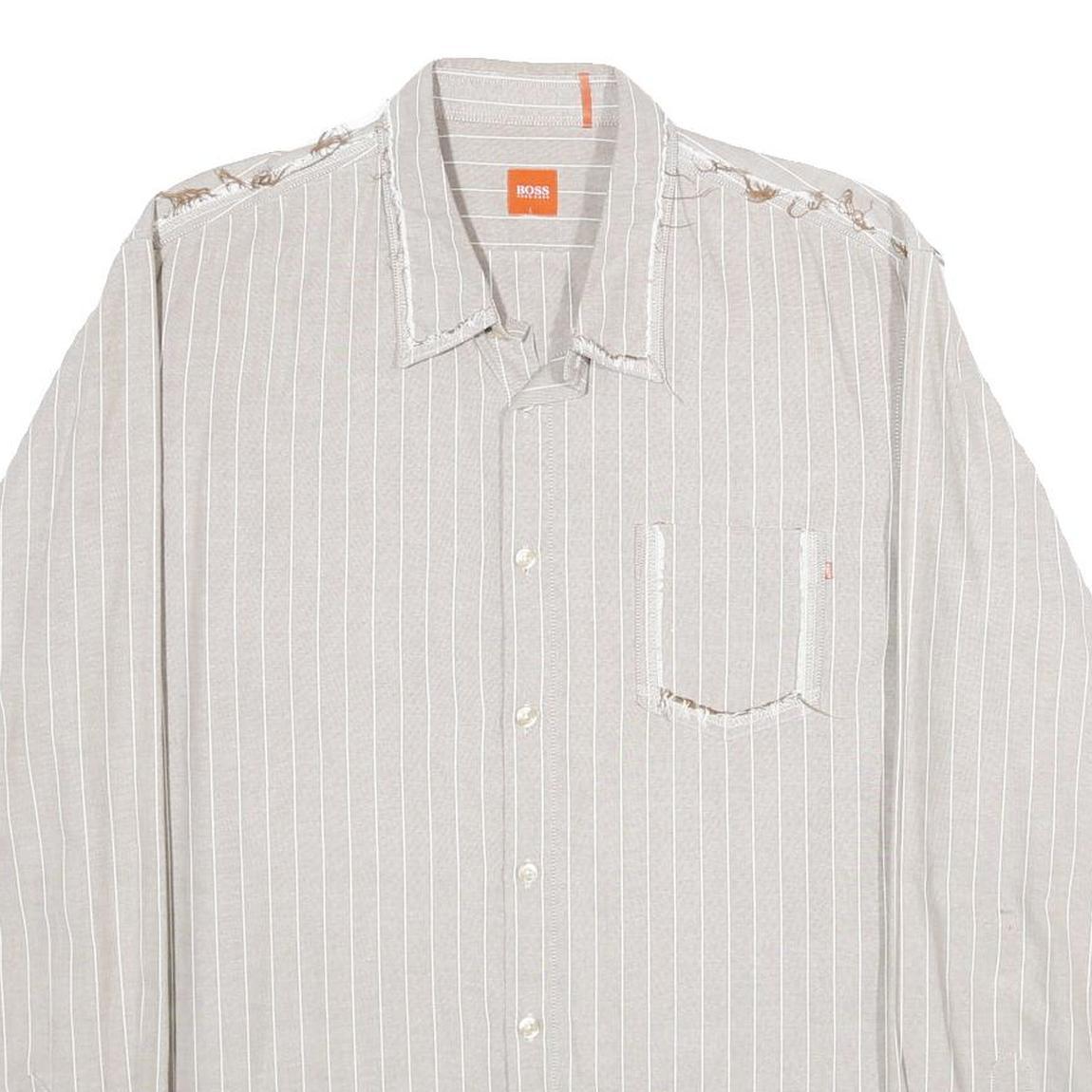 BOSS HUGO BOSS Mens Beige & White Striped Shirt XL Casual Cotton Button Shirt