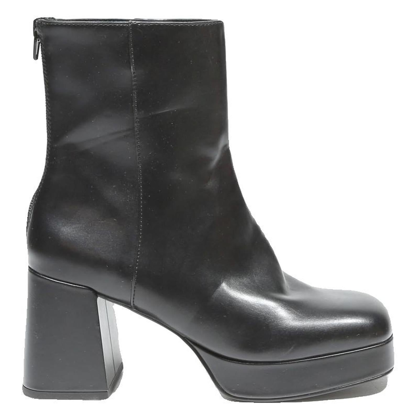 CHARLES & KEITH Womens Black Leather Ankle Boots UK 3 Platform Heel Stylish