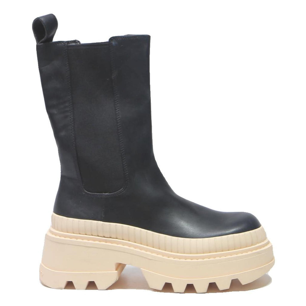 CHARLES & KEITH Womens Ankle Leather Boots Black & Cream UK 3 Chunky Sole