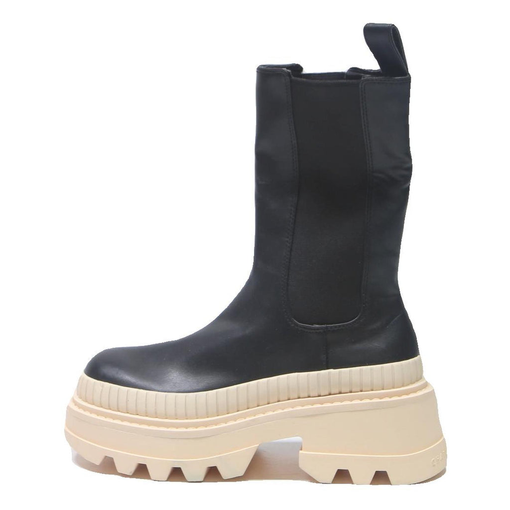 CHARLES & KEITH Womens Ankle Leather Boots Black & Cream UK 3 Chunky Sole