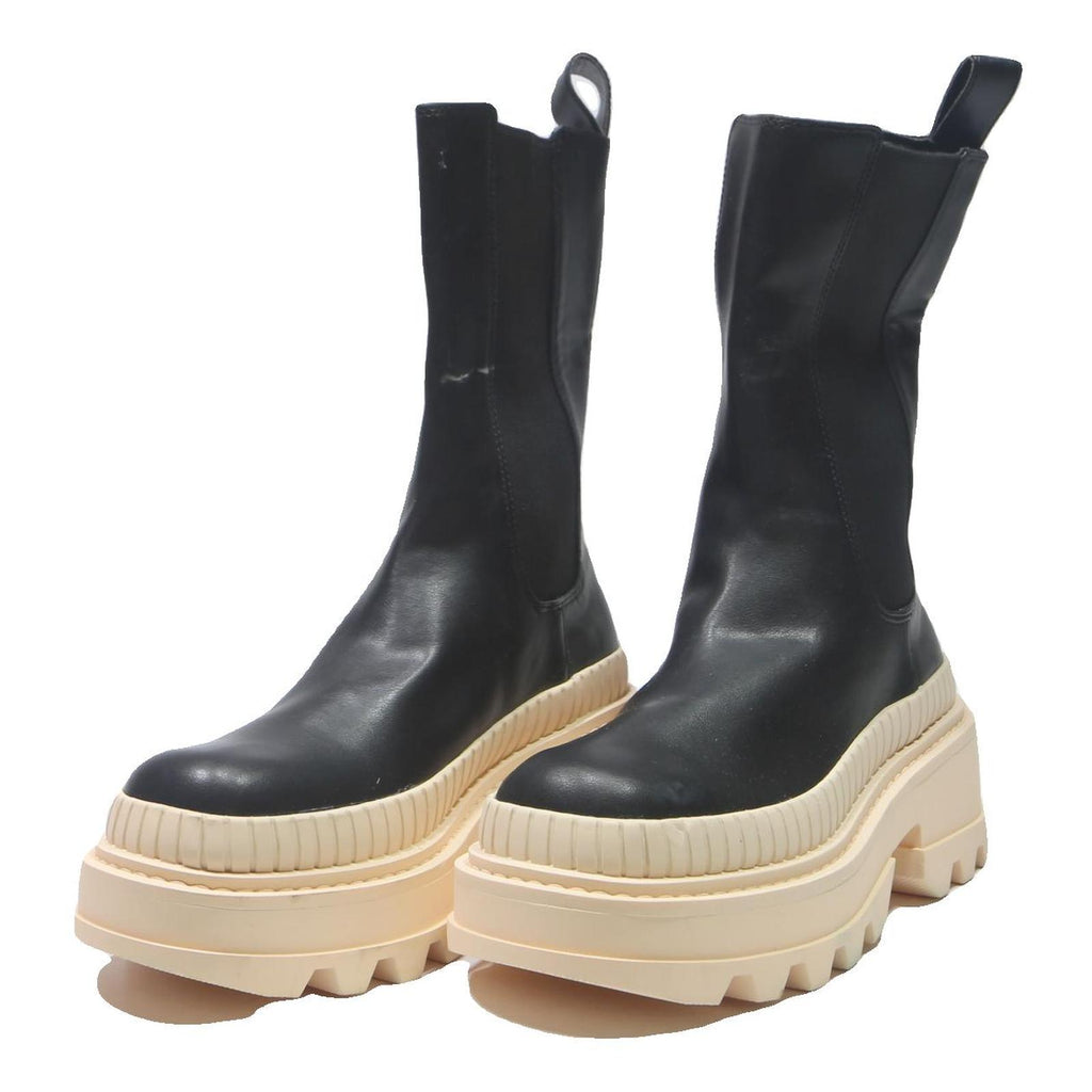 CHARLES & KEITH Womens Ankle Leather Boots Black & Cream UK 3 Chunky Sole