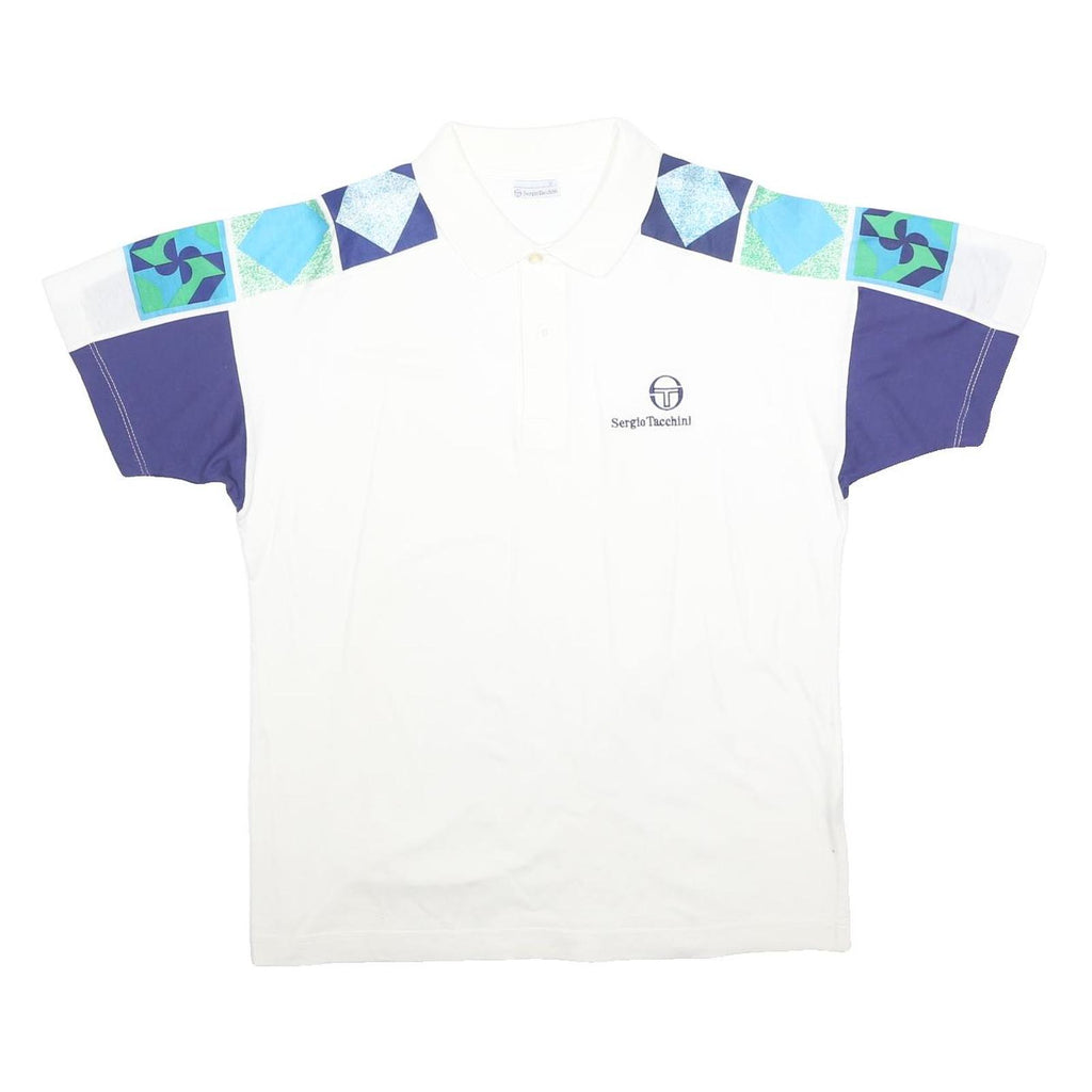 SERGIO TACCHINI Mens White & Blue Geometric Pattern Short Sleeve Polo Shirt L