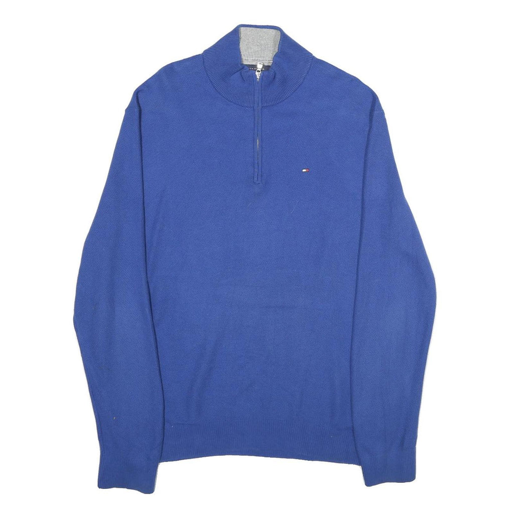 TOMMY HILFIGER Mens Blue Pullover Plain Cotton Half Zip Jumper XL Classic Fit