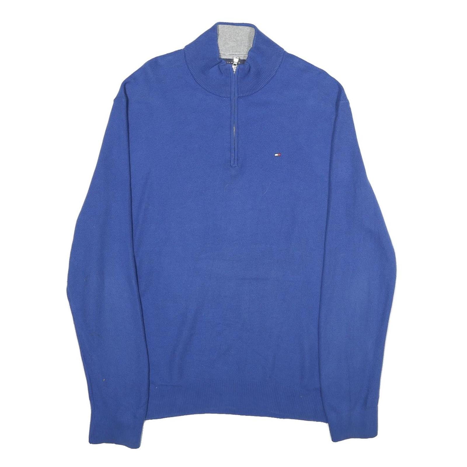 TOMMY HILFIGER Mens Blue Pullover Plain Cotton Half Zip Jumper XL Classic Fit
