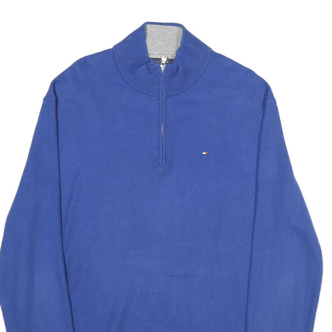 TOMMY HILFIGER Mens Blue Pullover Plain Cotton Half Zip Jumper XL Classic Fit