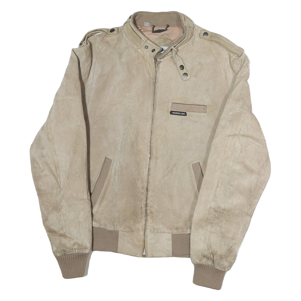 MEMBERS ONLY Mens Beige Leather Bomber Jacket L Suede Zip Closure Casual Retro