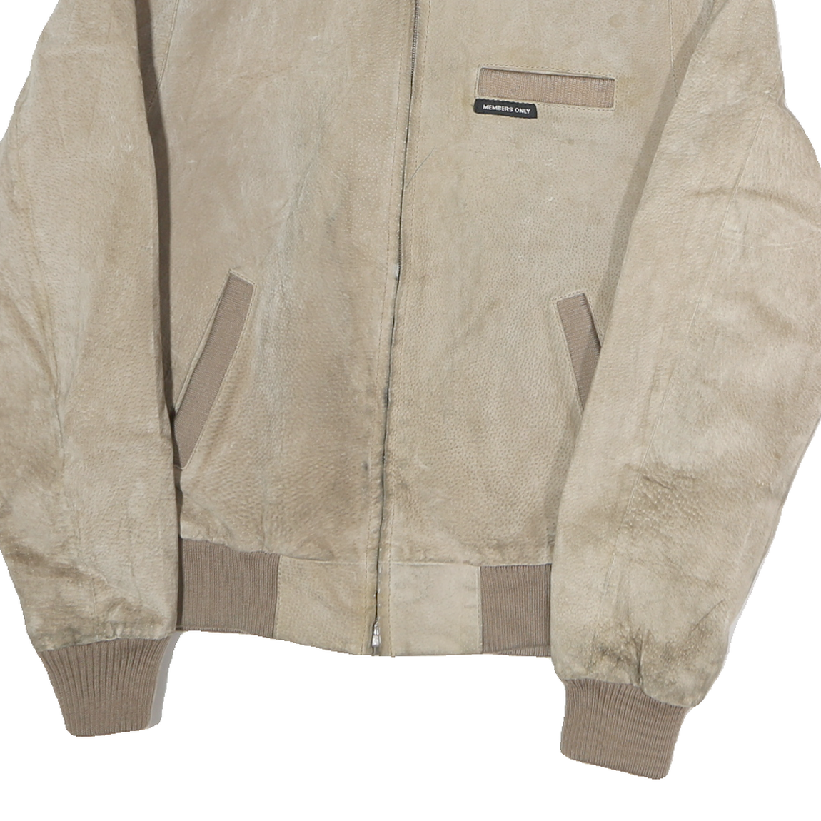 MEMBERS ONLY Mens Beige Leather Bomber Jacket L Suede Zip Closure Casual Retro
