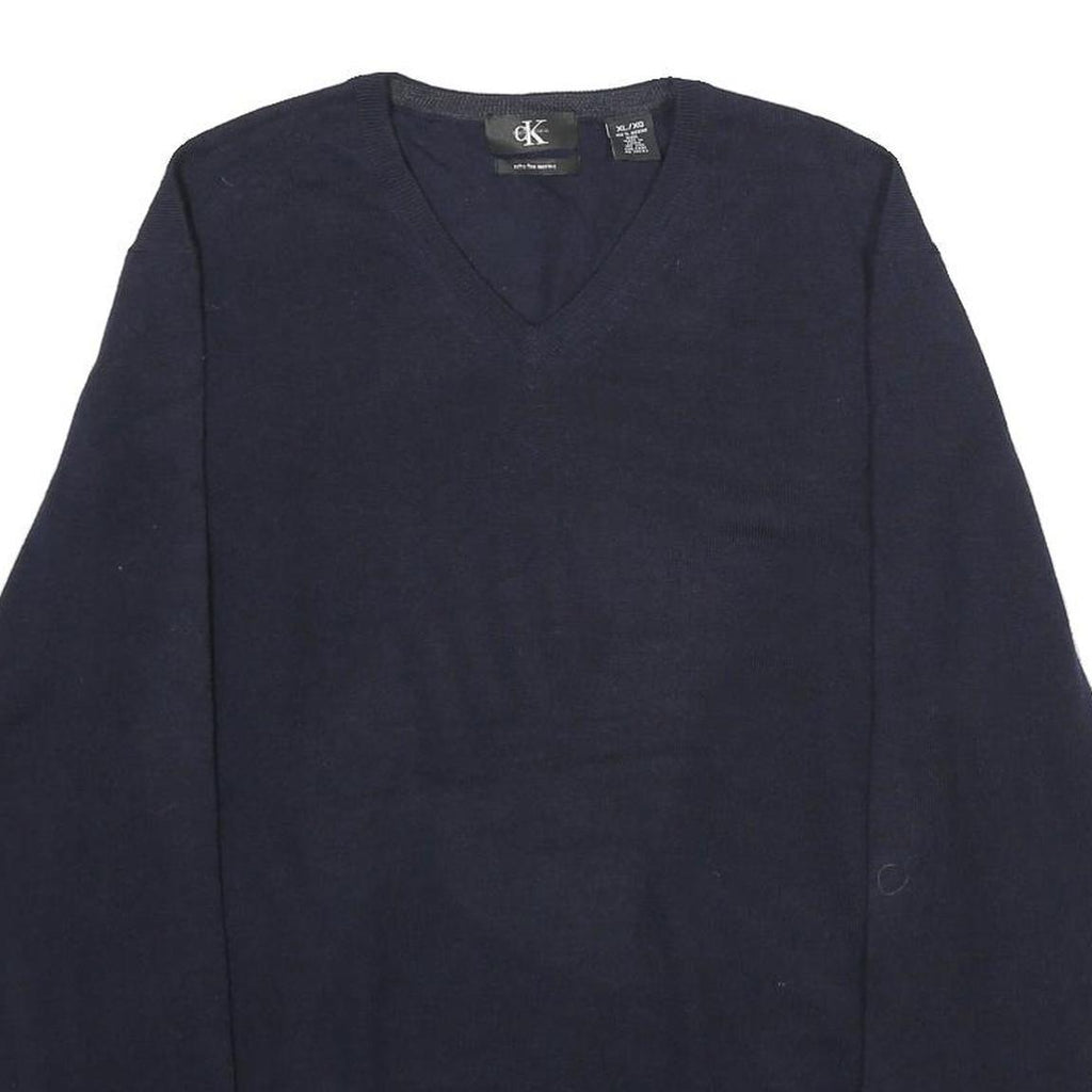 CALVIN KLEIN Mens Navy Plain V-Neck Basic Knit XL Jumper Wool Soft