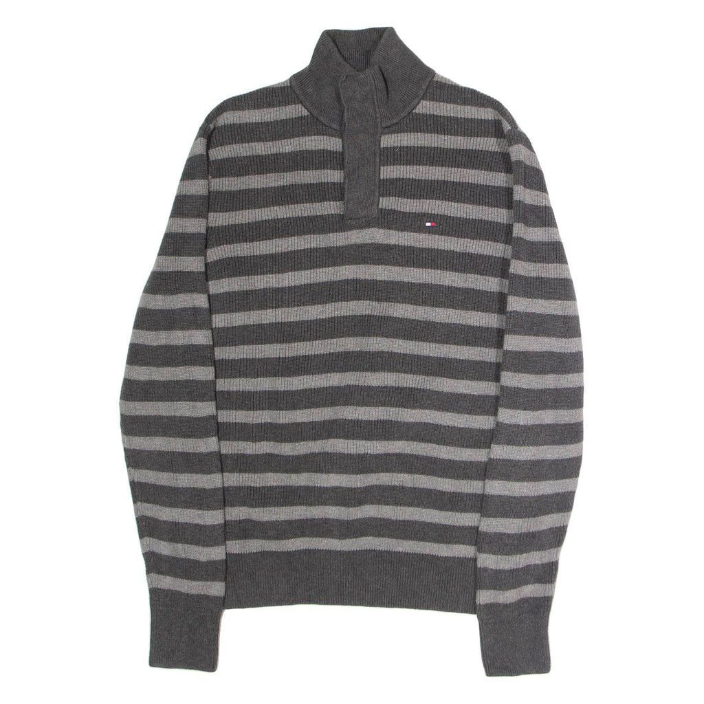 TOMMY HILFIGER Mens Patterned Jumper Grey Striped Button Neck Tight Knit M