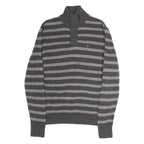 TOMMY HILFIGER Mens Patterned Jumper Grey Striped Button Neck Tight Knit M
