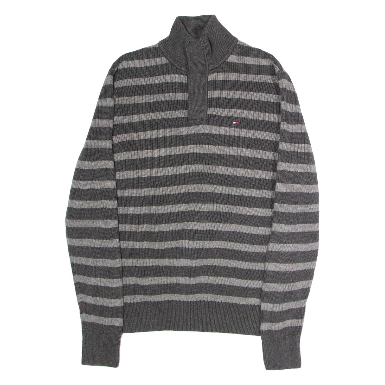 TOMMY HILFIGER Mens Patterned Jumper Grey Striped Button Neck Tight Knit M