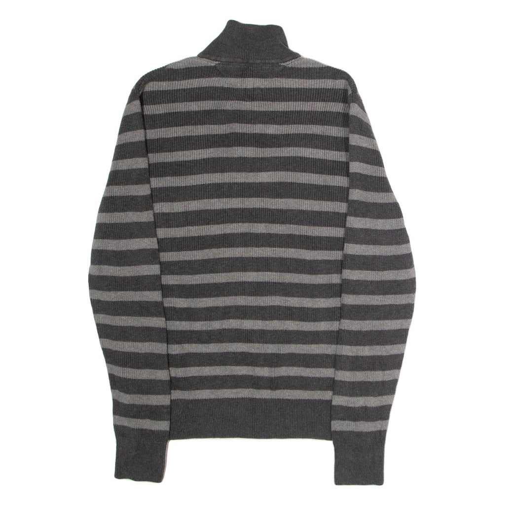 TOMMY HILFIGER Mens Patterned Jumper Grey Striped Button Neck Tight Knit M