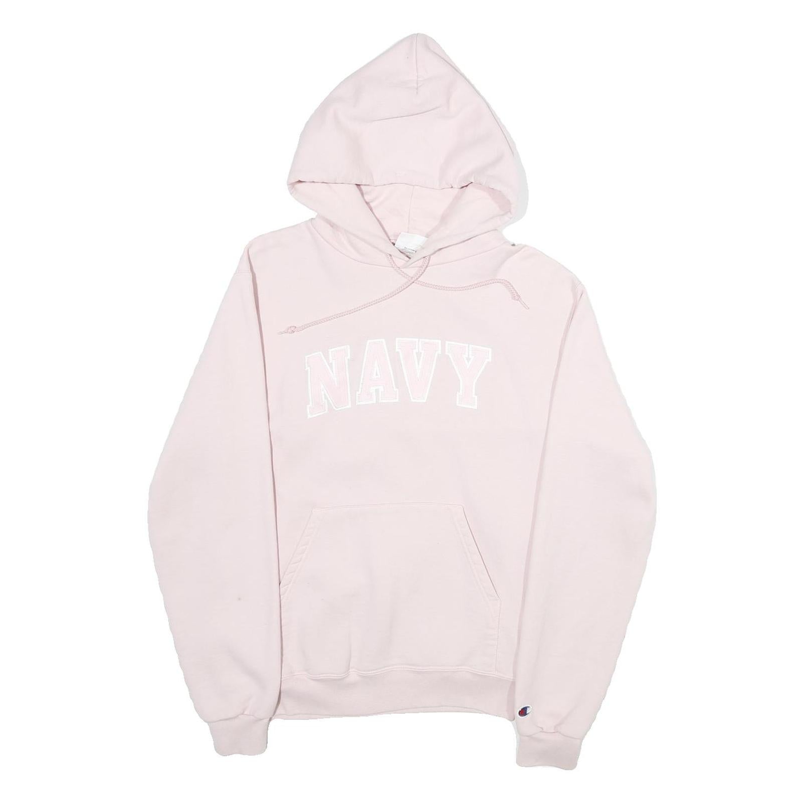 CHAMPION Mens Pink Hoodie S Navy Embroidered Cotton Blend Pullover