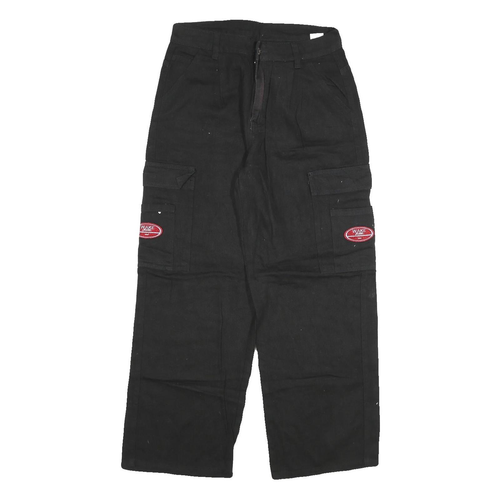 WAKE Womens Relaxed Black Cargo Denim Jeans W28 L27 Utility Pockets Zip Closure