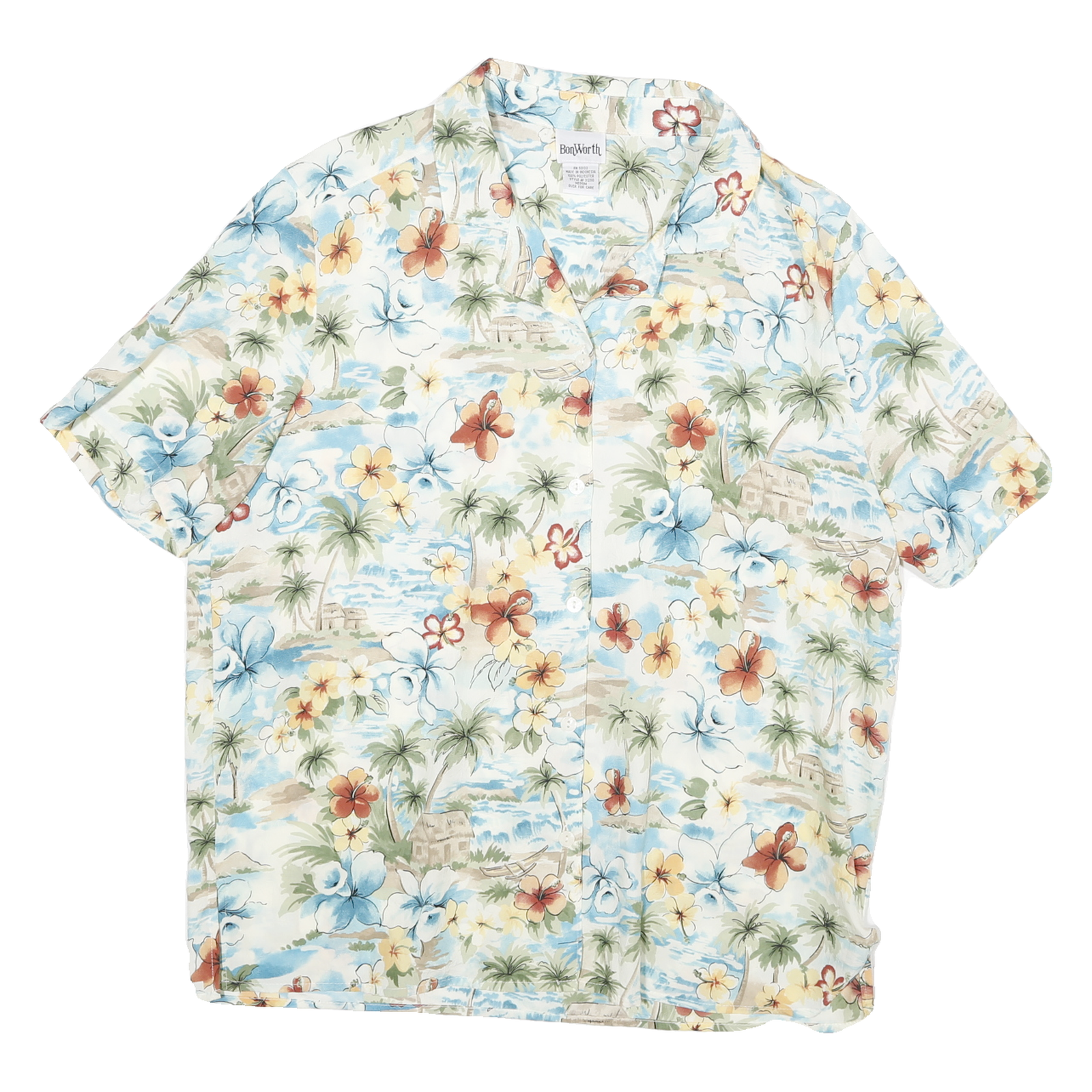 BONWORTH Womens Cream Floral Hawaiian Shirt M Lightweight Casual Vacation