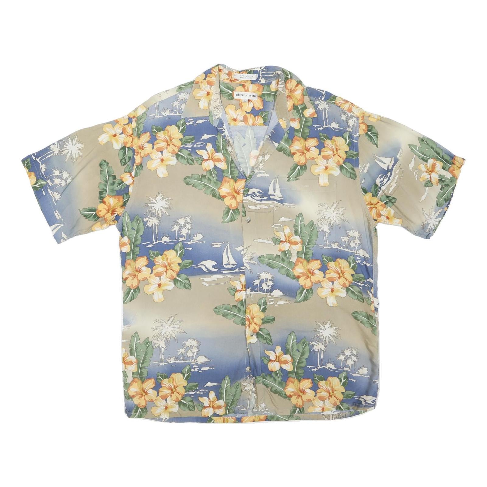 PIERRE CARDIN Mens Beige & Blue Floral Rayon Short Sleeve Shirt L Relaxed Fit