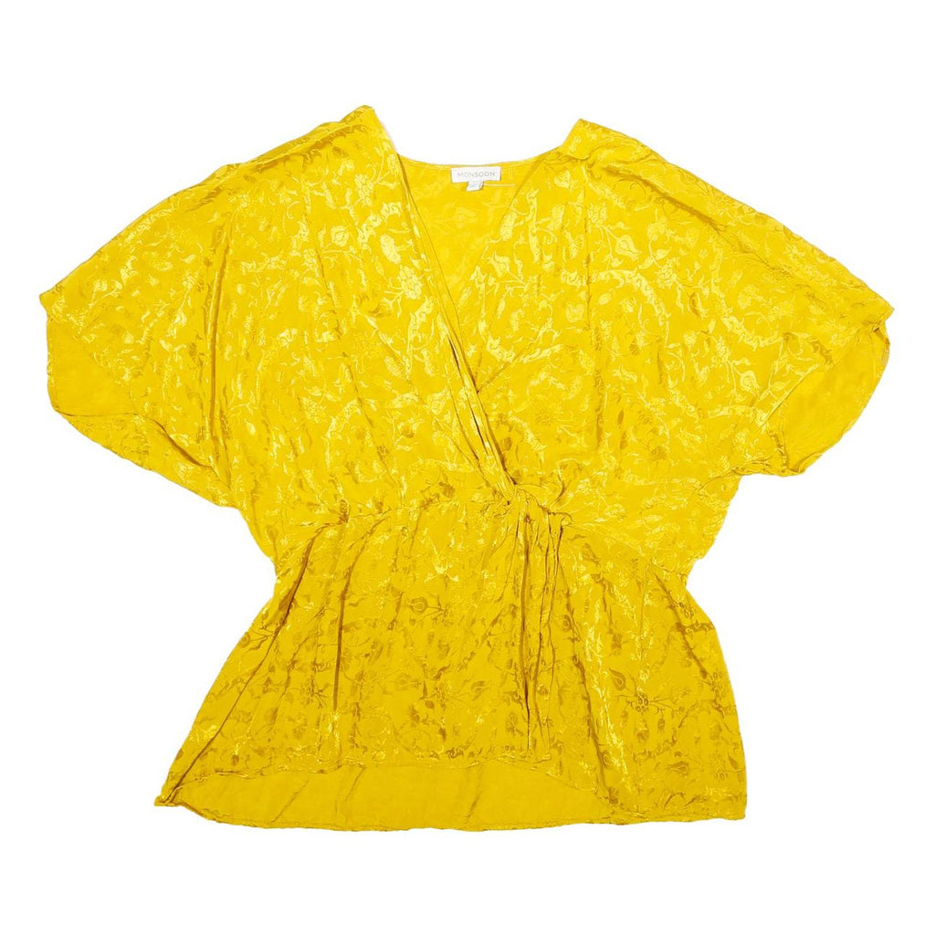 MONSOON Womens Yellow Printed Blouse Short Sleeve V-Neck XL Elegant Viscose