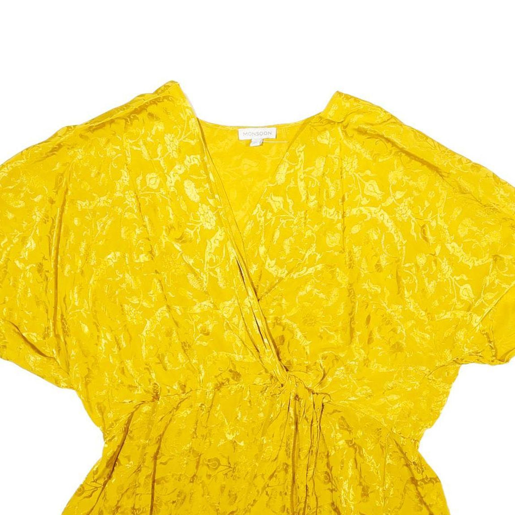 MONSOON Womens Yellow Printed Blouse Short Sleeve V-Neck XL Elegant Viscose
