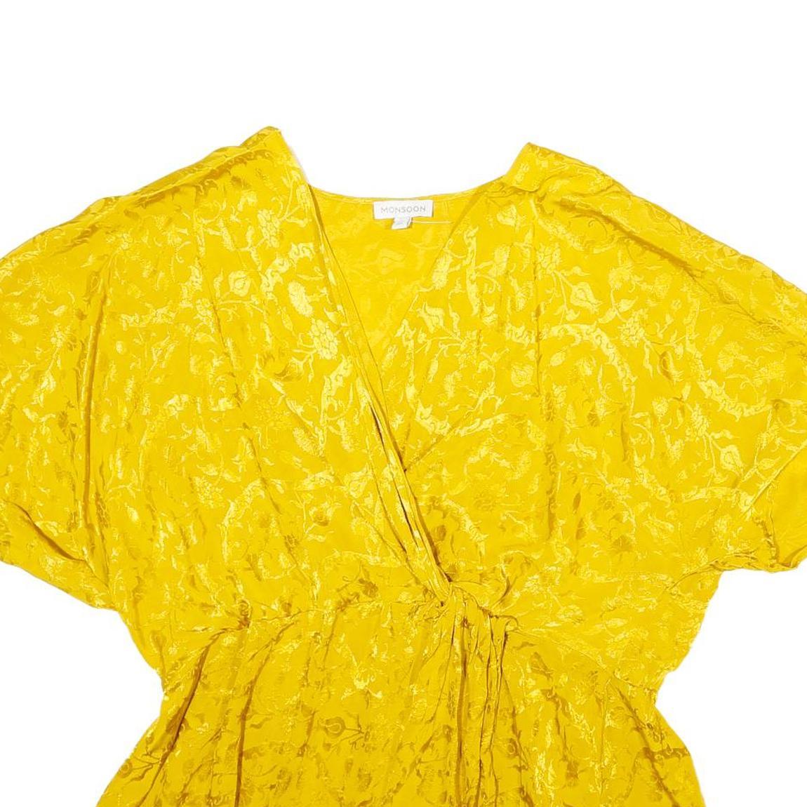 MONSOON Womens Yellow Printed Blouse Short Sleeve V-Neck XL Elegant Viscose