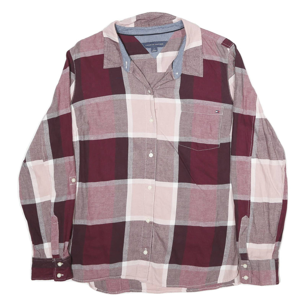 TOMMY HILFIGER Womens Maroon & Pink Check Shirt L Cotton Blend Casual Long