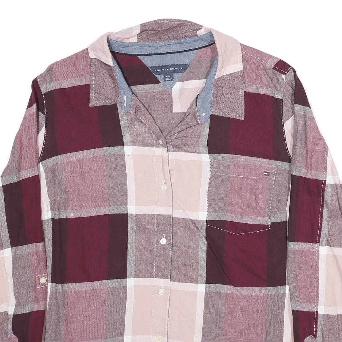 TOMMY HILFIGER Womens Maroon & Pink Check Shirt L Cotton Blend Casual Long