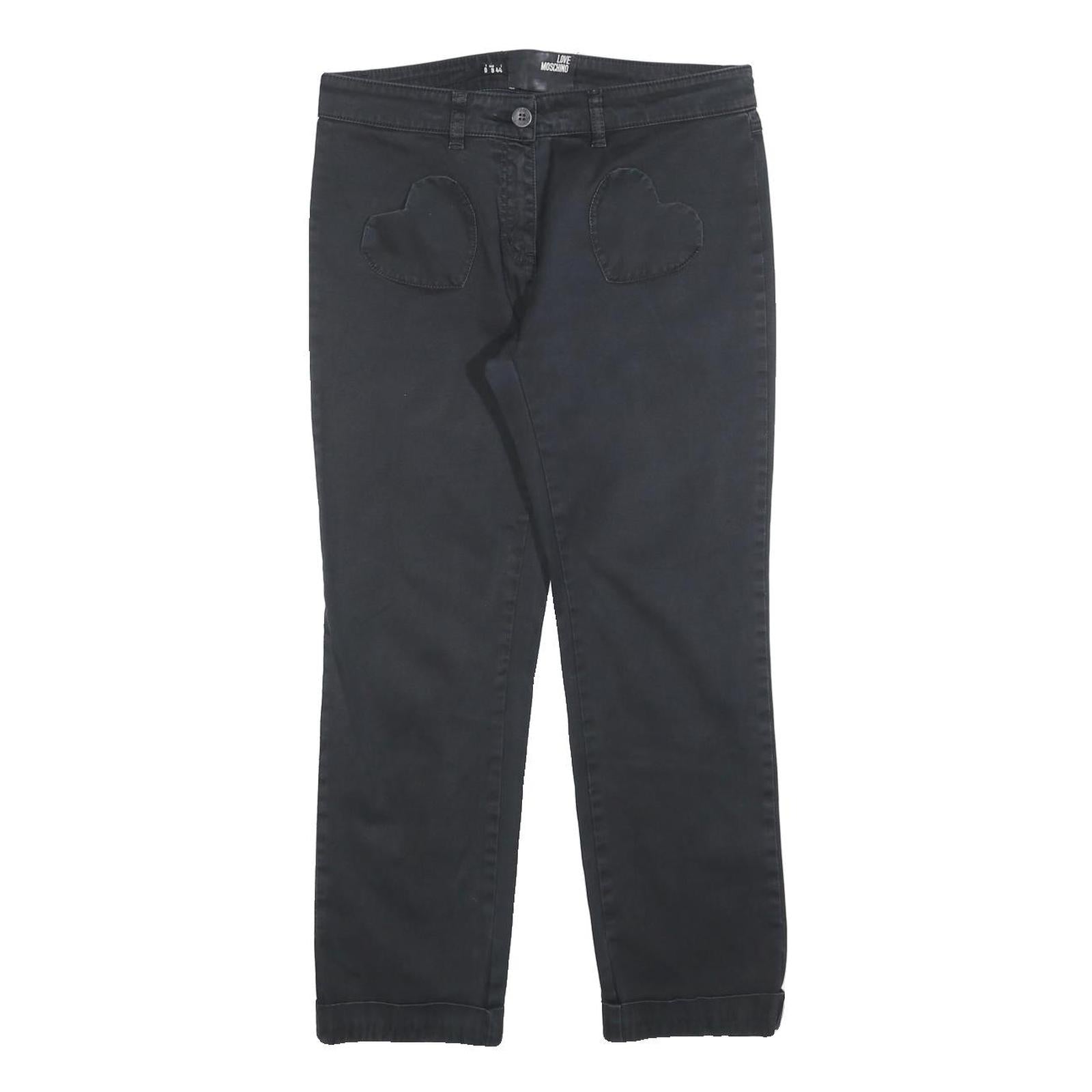 LOVE MOSCHINO Womens Cotton Blend Black Slim Trousers W30 L26 Heart Detail