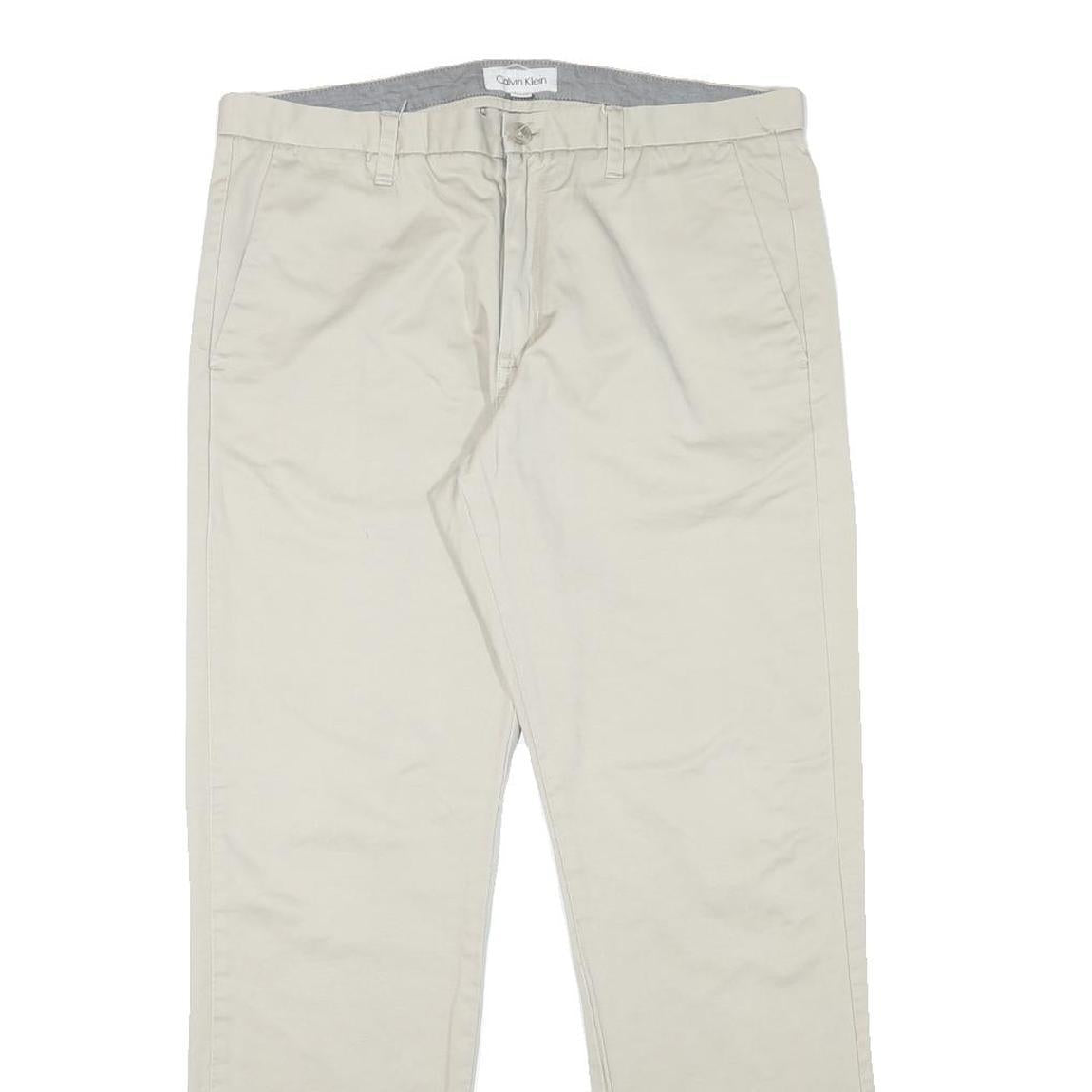 CALVIN KLEIN Mens Cotton Blend Beige Regular Straight Trousers W34 L30 Zip