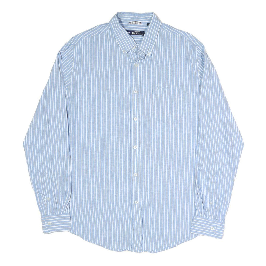 BEN SHERMAN Mens Blue & White Striped Shirt L Cotton Blend Long Sleeve Button