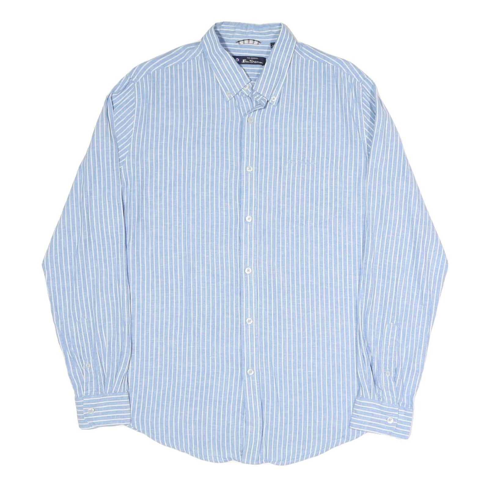 BEN SHERMAN Mens Blue & White Striped Shirt L Cotton Blend Long Sleeve Button