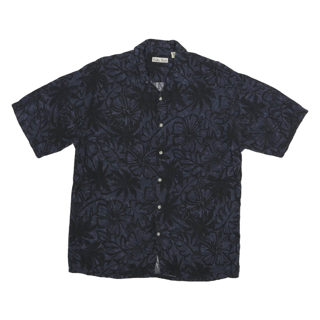 HOLLIS RIVER Mens Blue & Black Rayon Shirt L Floral Pattern Relaxed Fit Casual