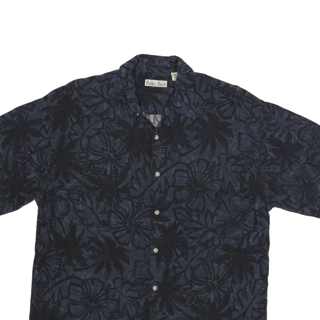 HOLLIS RIVER Mens Blue & Black Rayon Shirt L Floral Pattern Relaxed Fit Casual