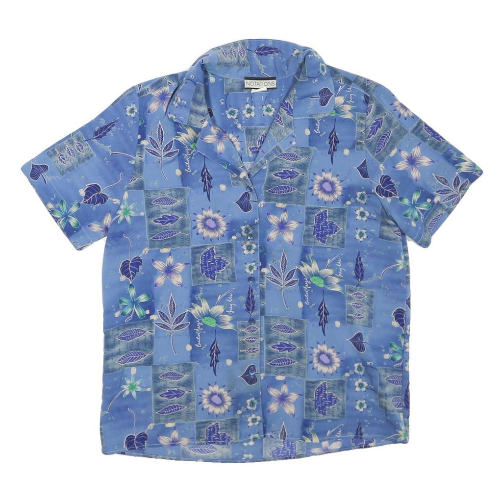 NOTATIONS Womens Blue Floral Print Short Sleeve Shirt M Polyester Casual