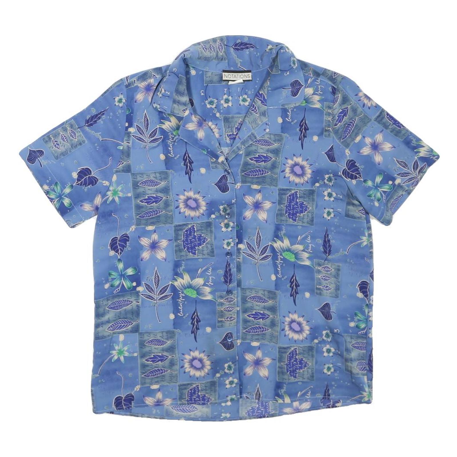 NOTATIONS Womens Blue Floral Print Short Sleeve Shirt M Polyester Casual