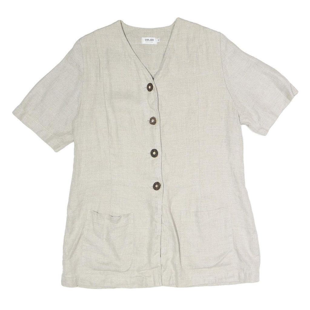 LUI LEI Womens Beige Cotton Blend Button Top Short Sleeve V-Neck XL Relaxed Fit