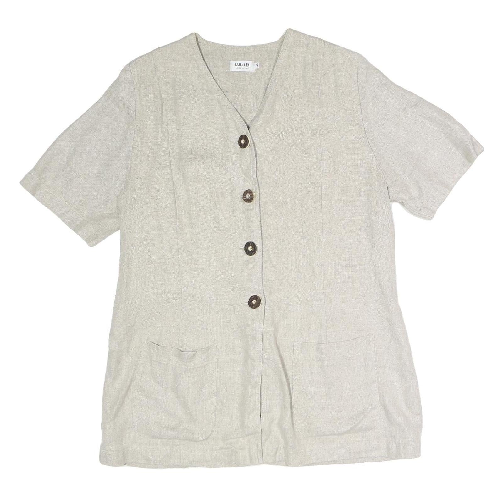 LUI LEI Womens Beige Cotton Blend Button Top Short Sleeve V-Neck XL Relaxed Fit