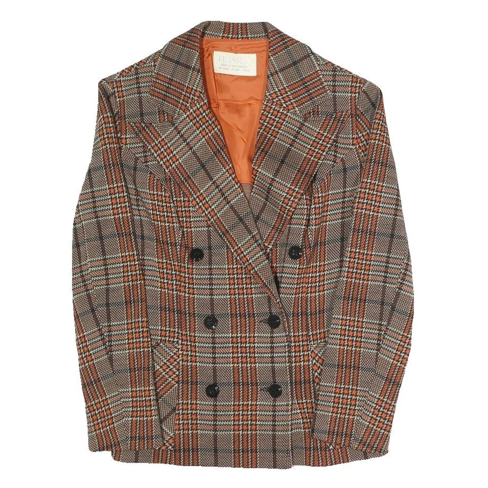 HANRO Womens Brown & Orange Checked Blazer Jacket S Polyester Blend Button
