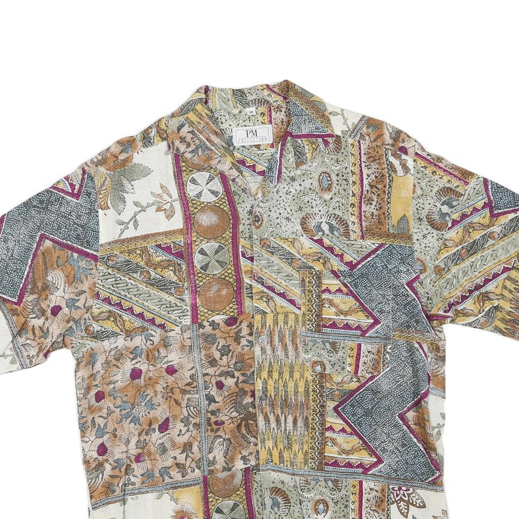 PM COLLECTION Mens Cream Patchwork Pattern Short Sleeve Shirt M Cotton Blend