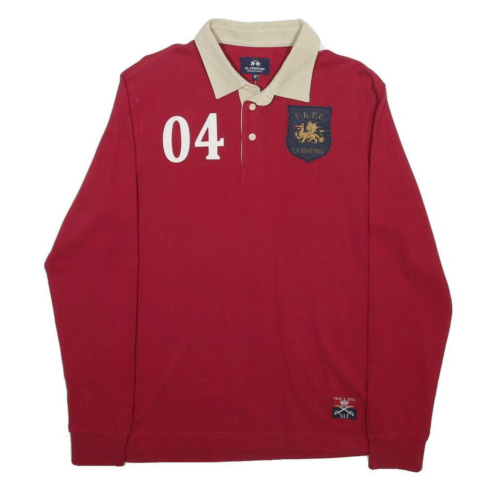 LA MARTINA Mens Red & Beige Rugby Crest Long Sleeve Plain M Polo Shirt Cotton