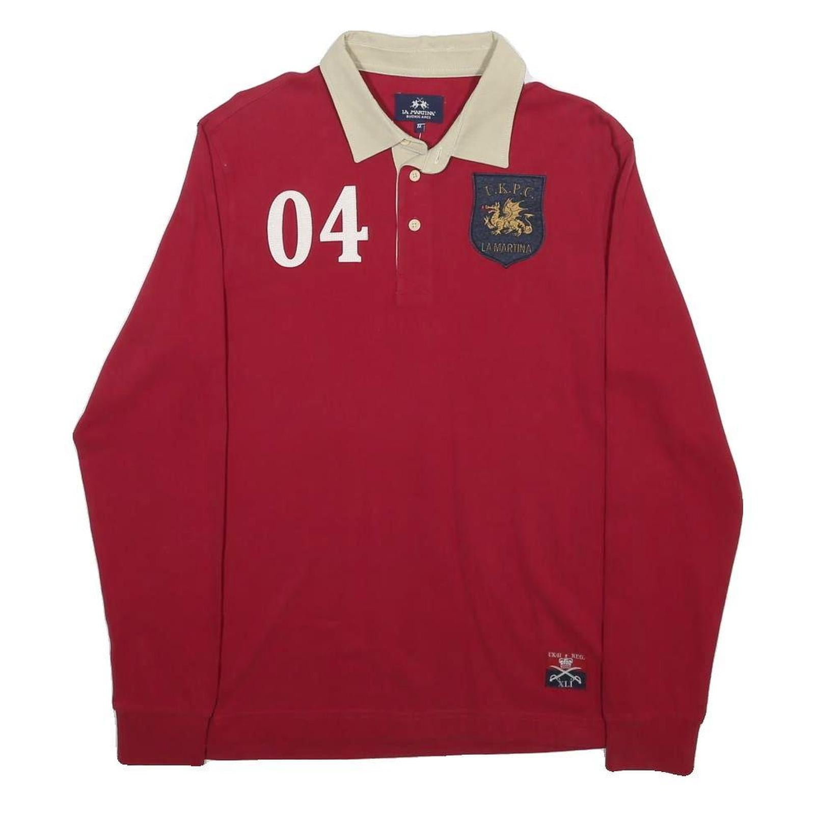 LA MARTINA Mens Red & Beige Rugby Crest Long Sleeve Plain M Polo Shirt Cotton