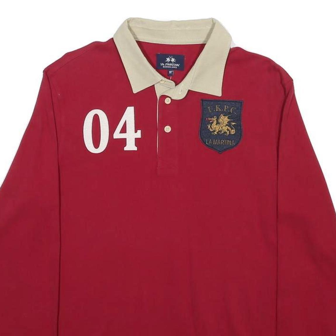 LA MARTINA Mens Red & Beige Rugby Crest Long Sleeve Plain M Polo Shirt Cotton