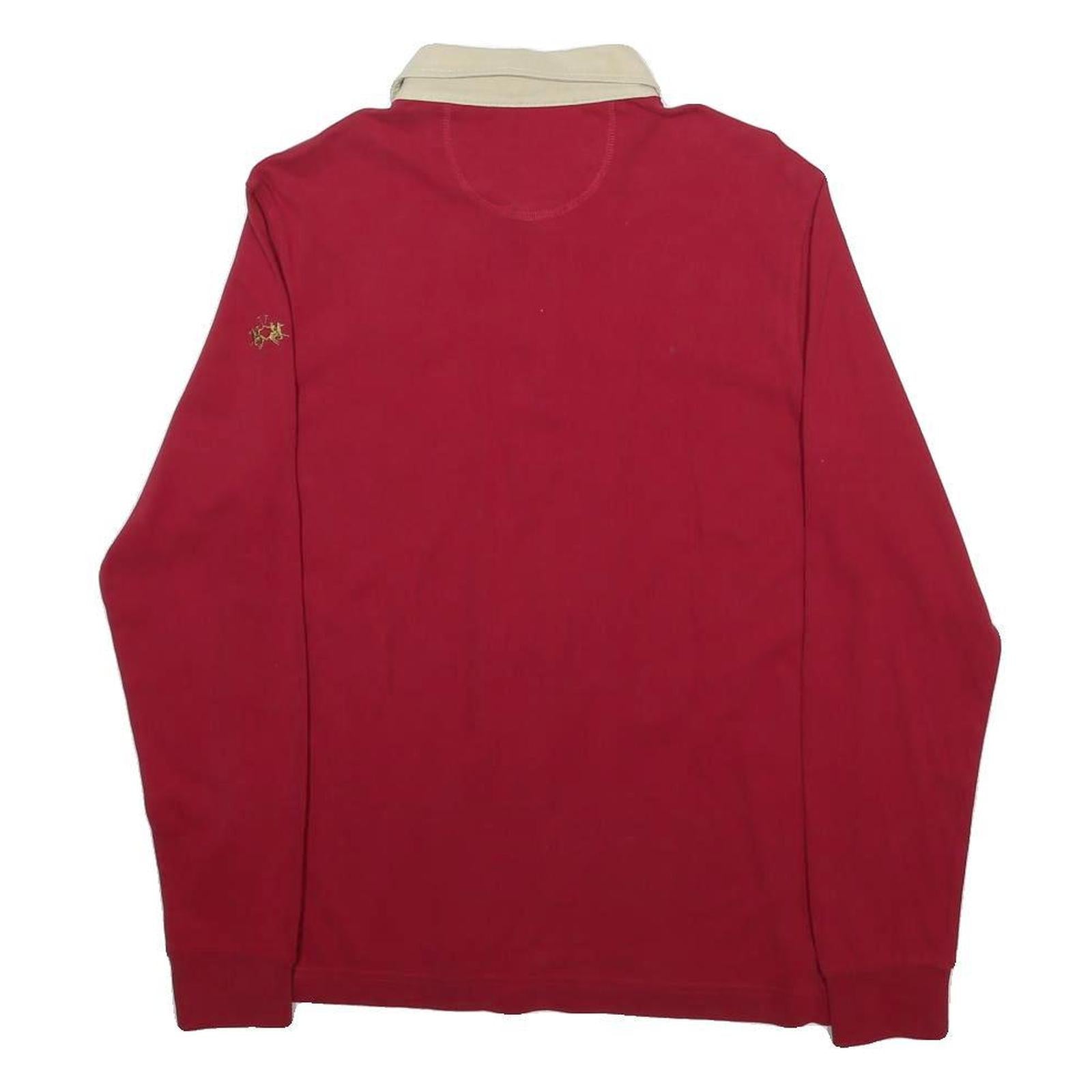 LA MARTINA Mens Red & Beige Rugby Crest Long Sleeve Plain M Polo Shirt Cotton