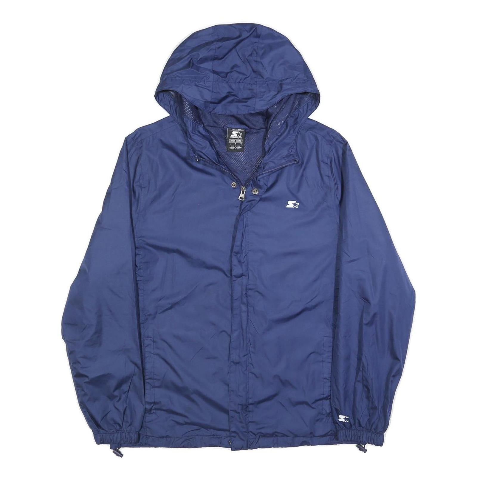 STARTER Mens Blue Hooded Zip Jacket L Polyester Plain Lightweight Sportswear